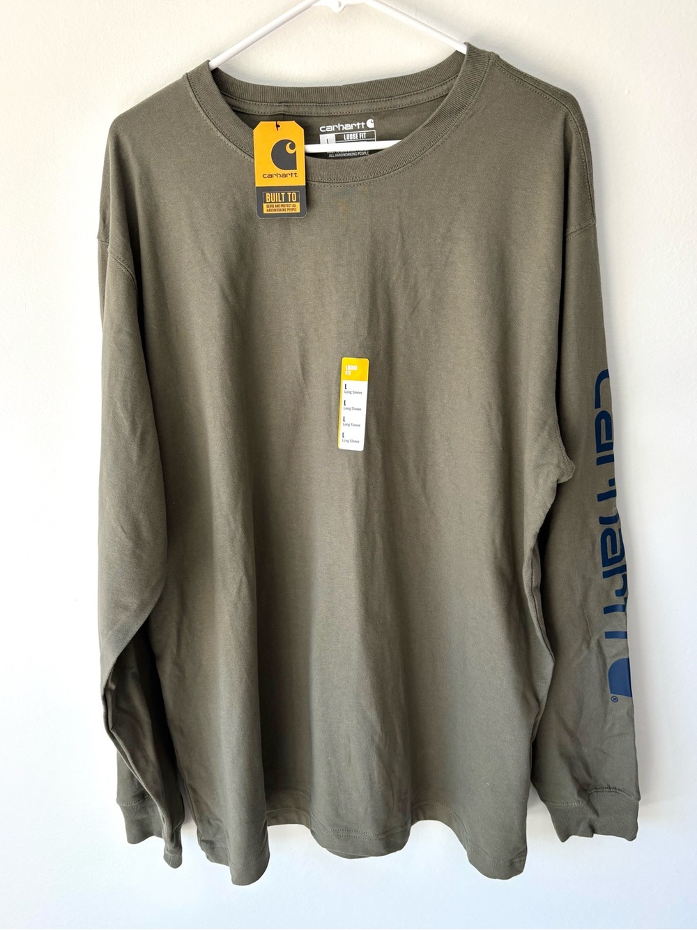 Carhartt Loose Fit Heavyweight Long Sleeve Army Green Blue Arm Logo NWT